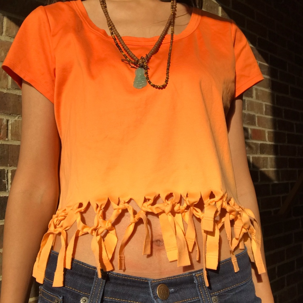 Lafayette 148 ombré orange shirt with tied fringe